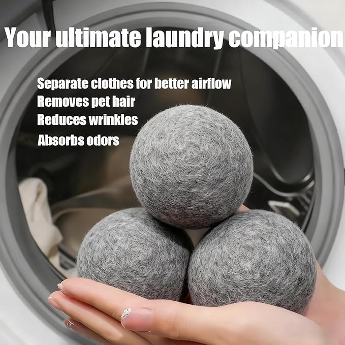 6 Pack Wool Dryer Balls Laundry Reusable Anti Static, Wool Laundry Balls for Dryer Reduces Clothing Wrinkles Natural Fabric Softener Last 1000+ Loads (Dark Grey, 2.75 in/7 cm)
