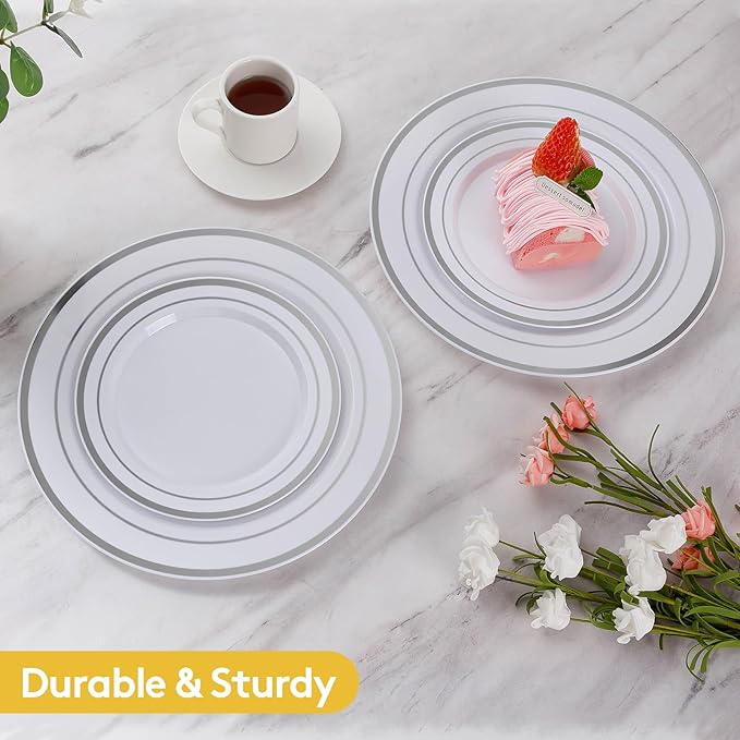 Goodluck 200PCS Silver Plastic Plates,Heavy Duty Disposable Silver Plates with 100 10.25 inch Dinner Plates and 100 7.5 inch Dessert Plates, Disposable Plates for Party, Holiday, Wedding