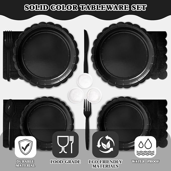 Vyntra 350 Pcs Black Disposable Paper Plates and Napkins Set for 50, 9" Dinner Plates & 7" Dessert Plates, Tableware for Birthday, Graduation, Wedding, Party