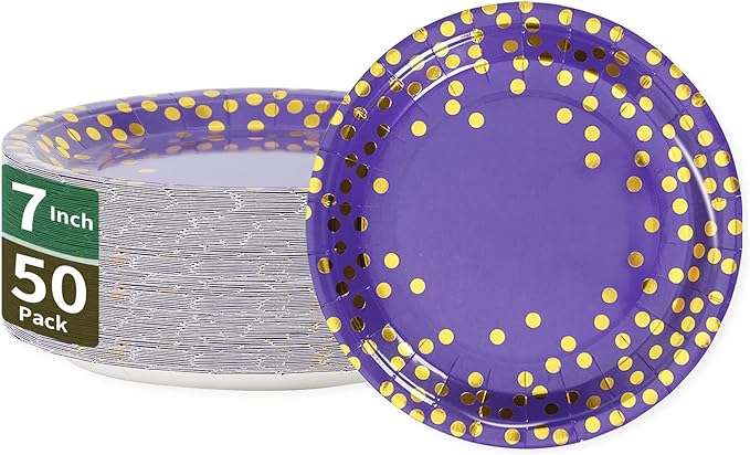 Purple & Gold Dots Party Paper Plates, 50 PCS Disposable Party Supplies Dessert Paper Plates for Birthday,Wedding Birdal Christmas Mardi Gras (7 inches)