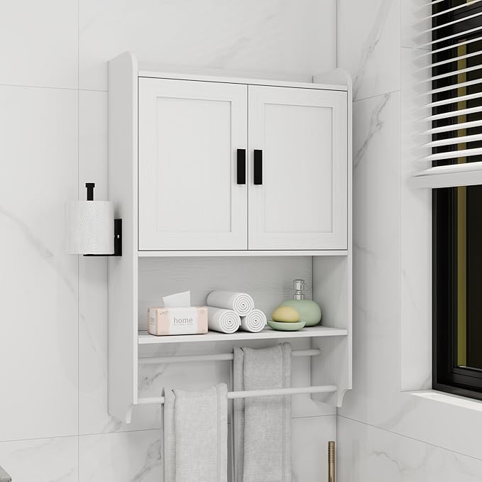 Bathroom Wall Cabinet with Doors, Over The Toilet Storage Cabinet with Adjustable Shelf, Towel Bar and Paper Holder, Medicine Cabinet for Bathroom Kitchen Laundry Room Entryway