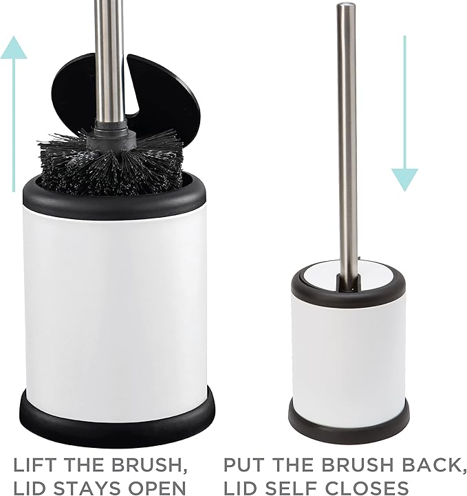 Bath Bliss Toilet Brush and Holder | Self Closing Lid | 360 Degree Brush Head | Bathroom Cleaning | Compact Size | Storage and Organization | White (Pack of 2)