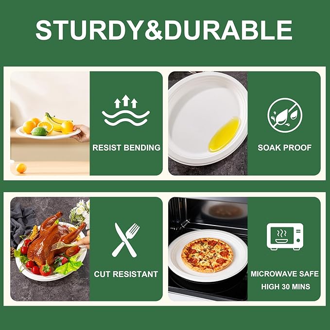 DaYammi 100% Compostable Oval Paper Plates 12 Inch, 60-Pack Heavy Duty Paper Plates Bulk,Biodegradable Bagasse,Eco-Friendly Disposable Dinner Plate for BBQ,Picnic,Party (BPI Certified,Microwaveable)
