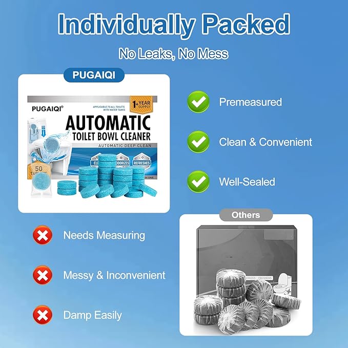 Toilet Bowl Cleaner Tablets Blue Toilet Tank Cleaners, Septic-Safe Hard Water Stain Remove,， Automatic Toilet Cleaning & Deodorizer, Fresh Scent Automatic Toilet Cleaning & Deodorizer 50 TabsIII-JJ