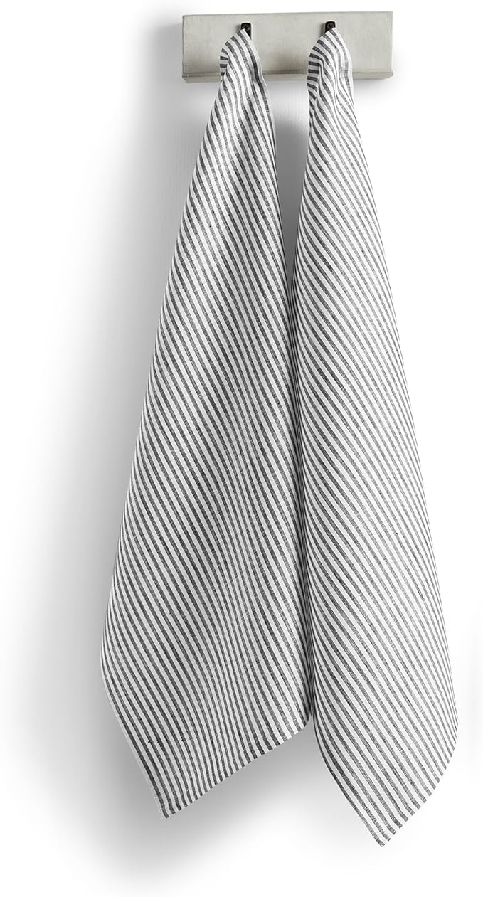 Solino Home Black and White Linen Kitchen Towels Set of 2-100% Pure Linen 17 x 26 Inch Narrow Stripe Tea Towels with Hanging Loop - European Flax Kitchen Dish Cloth - Quick Dry & Machine Washable