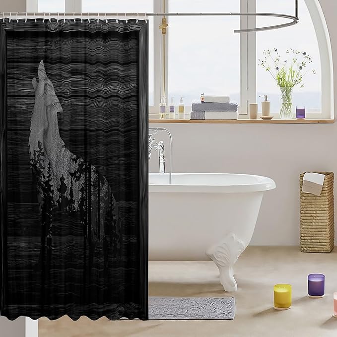 Rustic Wolf Shower Curtain Kids Farmhouse Wild Animal Bathroom Shower Curtain Set for Boys Rustic Cabin Country Bath Curtain Nature Bear Western Farmhouse Black Grey Kids Bathroom Accessories 72"x78"