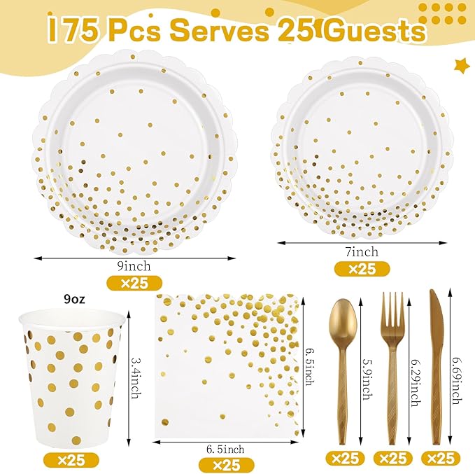 175 Pcs White and Gold Paper Plates and Napkins, Disposable Gold Party Dinnerware Include Scalloped Party Plates Napkin Cups Plastic Cutlery for Birthday Wedding Graduation Congratulations
