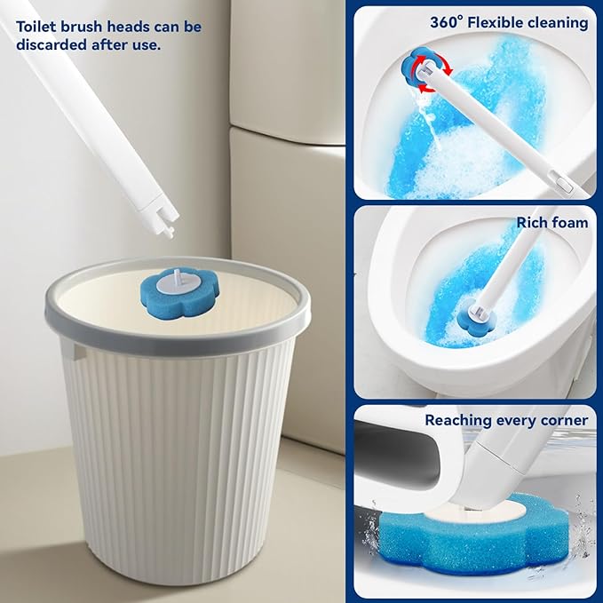 2-Pack Disposable Toilet Bowl Cleaner Wand Kit, Wall-Mounted Space-Saving Brush Set with 56 Preloaded Fluid Refills for Multi-Bathroom & RV Deep Cleaning