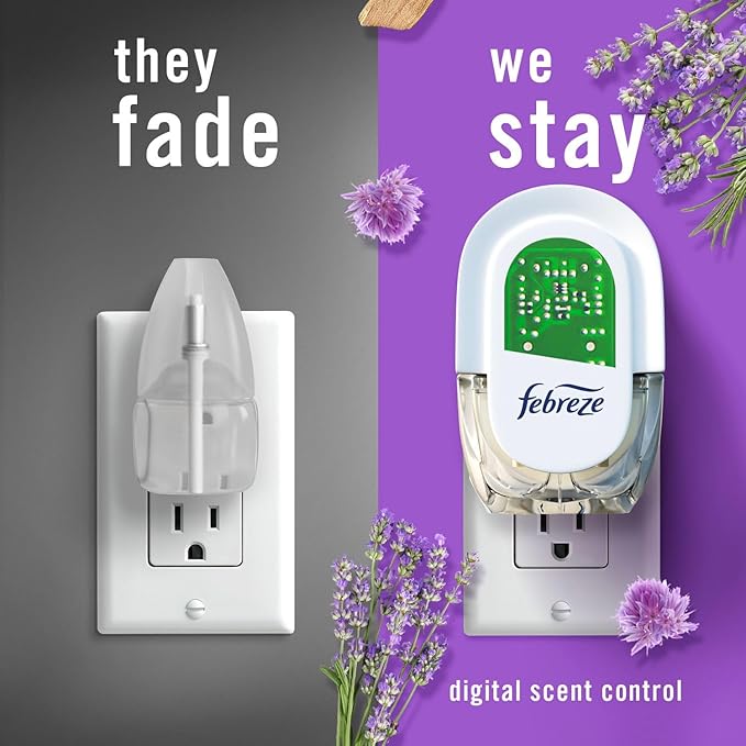 Febreze Plug In Air Freshener, Odor-Fighting Scented Oil Refill, Twlight Lavender and Downy April Fresh Scents, 4 Refills