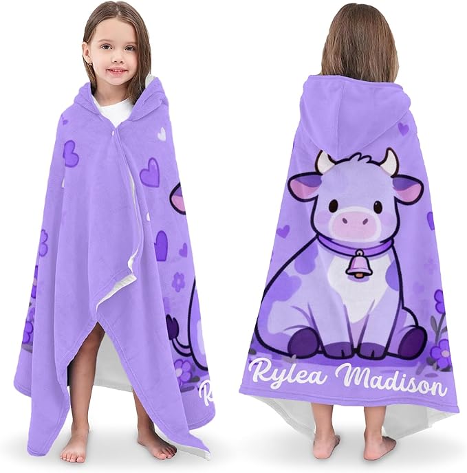 Cow Purple Bell Personalized Hooded Towel Absorbent Wrap Soft Pool Beach Bath Towels Hood Poncho for 5-12 Years Kids Boys Girls