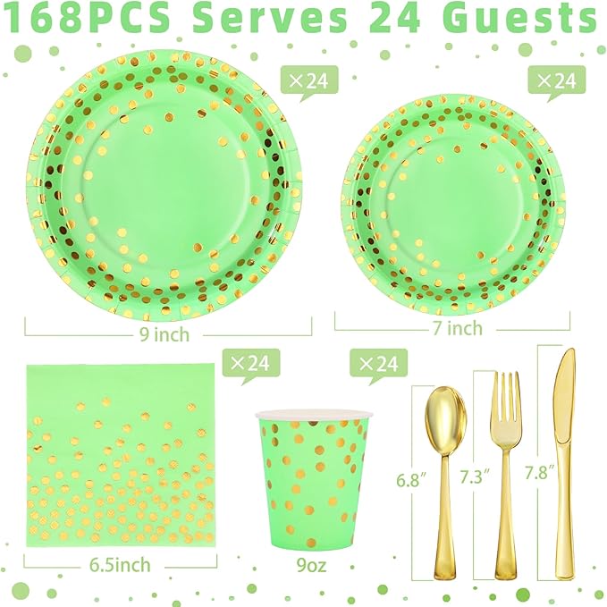 Green Paper Plates, 168 Pcs Lime Green Plates and Napkins Party Supplies, Birthday Plates Serve 24, for St Patricks Day, Graduation Party Decorations