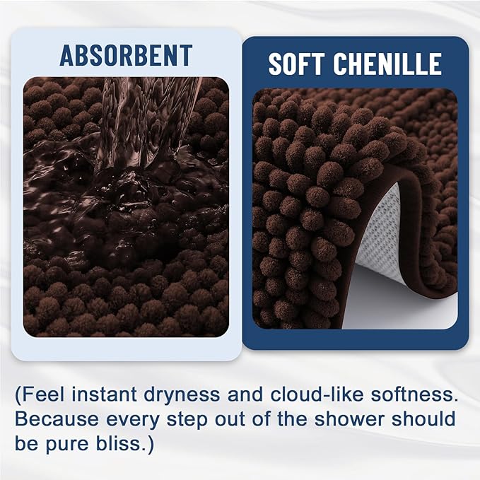 Grandaily Chenille Striped Bathroom Rugs 24x16, Extra Thick and Soft Absorbent Bath Mats, Rubber Backing, Plush Shaggy Shower Carpet, Machine Wash Dry, Bath Rug for Bathroom, Dark Brown