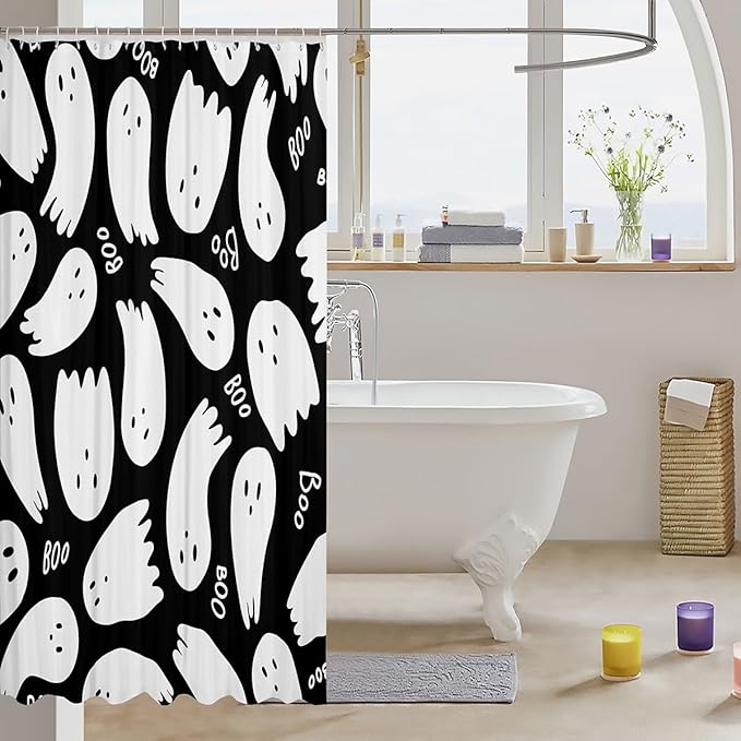 Black White Fabric Shower Curtain,Kids Cartoon Style Shower Curtain for Bathroom,Cartoon Halloween Ghost Waterproof Shower Curtain 78 Inch Long