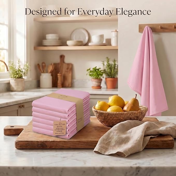 Urban Villa Kitchen Towels 100% Cotton Dish Towels for Kitchen(Set of 6) 20”x30” Dish Cloths Highly Absorbent Kitchen Linen Set with Hanging Loop Perfect for Drying Dishes Cleaning Hand Towels – Pink