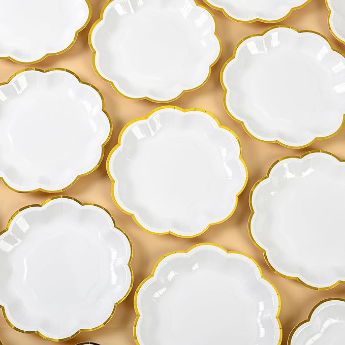 AimFun White Golden Party Plates Gold Foil Dessert Paper Plate 7inch Scalloped Edge Disposable Cake Plates for Tea Party Birthday Bridal Baby Shower Wedding Party Supplies (24, White)