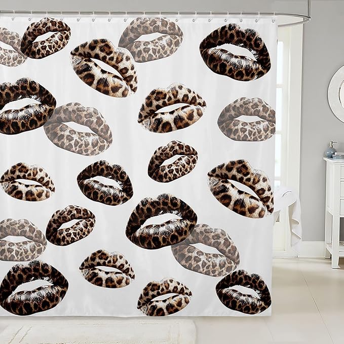 Feelyou Leopard Print Lips Shower Curtain for Bathroom Decor Romantic Kissing Lips Bath Curtain for Stalls Bathtubs Cheetah Print Bathroom Accessories Waterproof Polyester with 12 Hooks 72"x84"