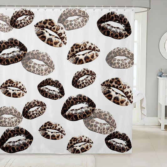 Feelyou Leopard Print Lips Shower Curtain for Bathroom Decor Romantic Kissing Lips Bath Curtain for Stalls Bathtubs Cheetah Print Bathroom Accessories Waterproof Polyester with 12 Hooks 72"x84"