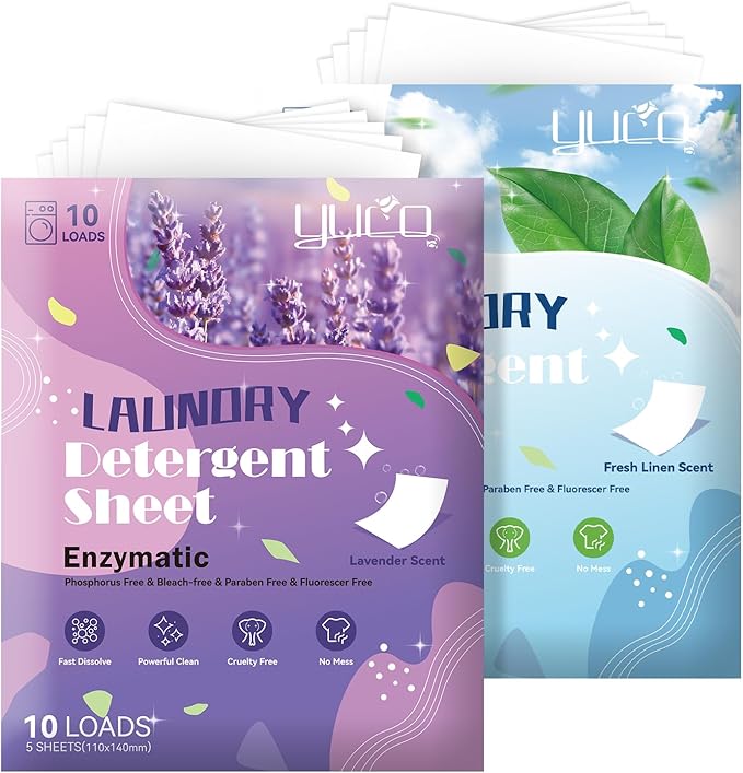 YUCO Travel Pack Laundry Detergent Sheets 2 Pack of 5 Sheet for Overnight Week Travel, Envelope Pouch Carry Everywhere, for Clothing Deep Clean Grament Freshen, Hypoallergenic, Fresh and Lavender