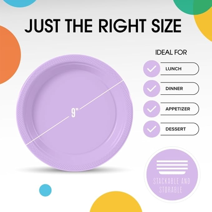 Exquisite Party Solids Lavender Plastic Plates For Party Supplies 9" Lavender Disposable Plates Heavy Duty 50 Pcs Plastic Dinnerware Sets Heavy Duty 350 GSM Disposable Dinnerware Set