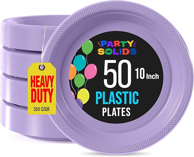 Exquisite Party Solids Lavender Plastic Plates For Party Supplies 10" Lavender Disposable Plates Heavy Duty 50 Pcs Plastic Dinnerware Sets Heavy Duty 350 GSM Disposable Dinnerware Set