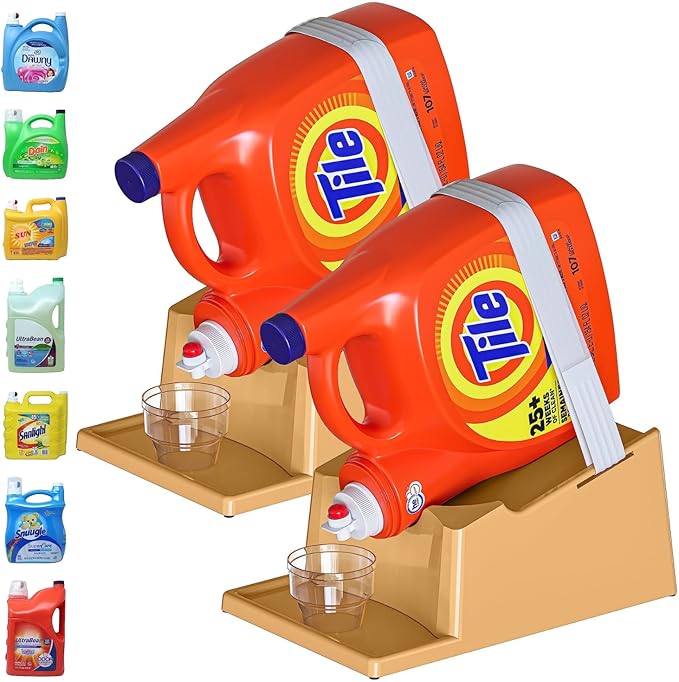 TidyFriend 2 Pack Liquid Laundry Detergent Holder Stand with Drip Tray & Rubber-Grip Feet, Stand for Laundry Room Organization and Storage, Fabric Softener Dispenser with Cup Holder (Beige)