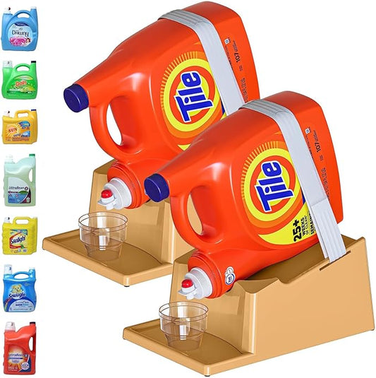TidyFriend 2 Pack Liquid Laundry Detergent Holder Stand with Drip Tray & Rubber-Grip Feet, Stand for Laundry Room Organization and Storage, Fabric Softener Dispenser with Cup Holder (Beige)