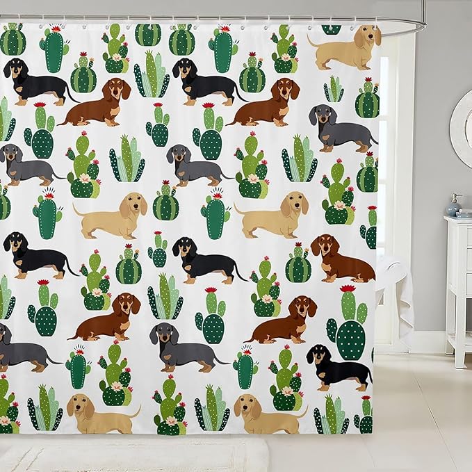 Dachshund Decor Shower Curtain Tropical Cactus Plant Bath Curtain Dachshund Gifts for Women Girls,Lovely Pup Dog Flowers Shower Curtain Set Dog Lover 72"Wx78"L,Cute Pet Doggy Animal Bathroom Decor
