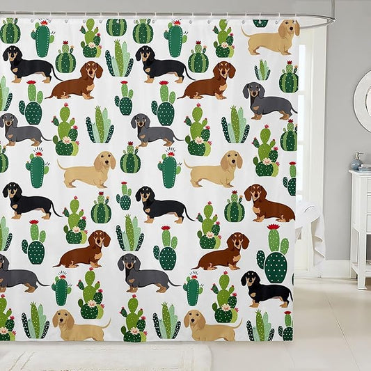 Dachshund Decor Shower Curtain Tropical Cactus Plant Bath Curtain Dachshund Gifts for Women Girls,Lovely Pup Dog Flowers Shower Curtain Set Dog Lover 72"Wx78"L,Cute Pet Doggy Animal Bathroom Decor