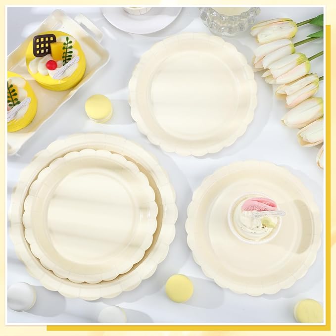 NatNarr 30 Pcs Dessert Plates Disposable, 7 Inch Ivory Paper Plates Scalloped Small Cake Appetizer Birthday Plate Cream Party Plate for Wedding, Baby Bridal Shower