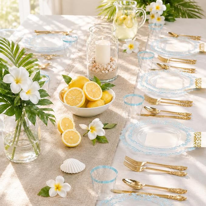 PULOTE 175-Piece Clear and Blue Plastic Plates - Blue Rim Disposable Dinnerware Set - Include 25 Dinner Plates, 25 Dessert Plates, 75 Cutlery, 25 Cups & 25 Napkins for Wedding and Parties