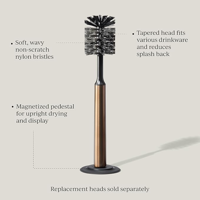 Curio Home Goods Ionic Bottle Brush, Magnetized to Stand Upright, Stainless Steel with Replaceable Head, Bronze