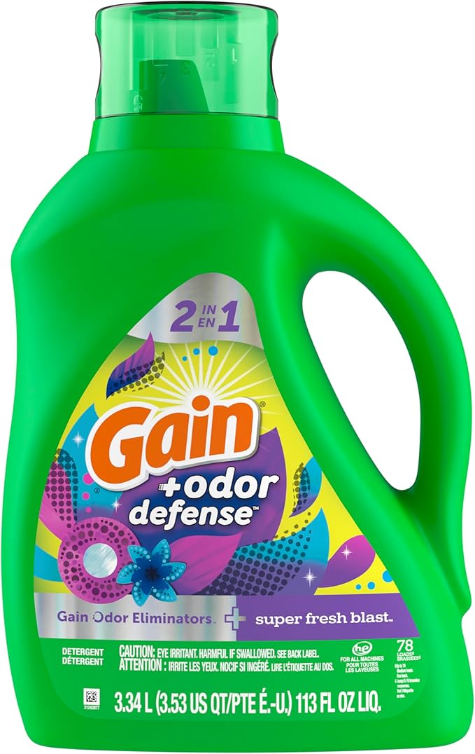 Gain + Odor Defense Liquid Laundry Detergent, Super Fresh Blast Scent, 113 Oz, 78 Loads, HE Compatible