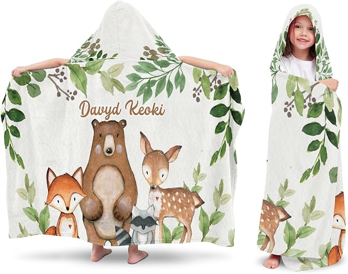 Safari Animals Bear Deer Personalized Kids Hooded Towel with Name Soft Absorbent Beach Pool Bath Towels Hood Poncho for Boys Girls