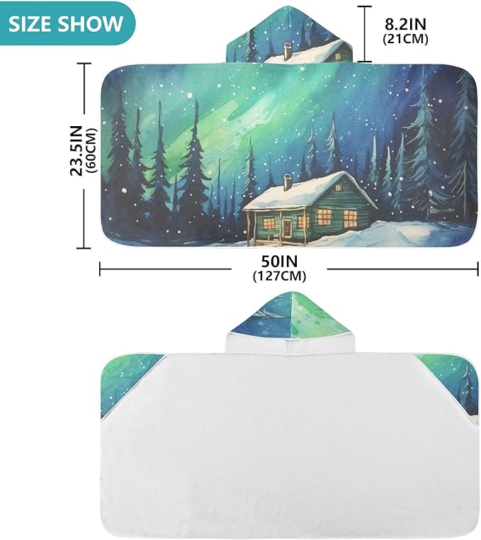 Hooded Towel for Kids Forest Winter House and Aurora Beach Wrap Bath Towels 50x23.5in