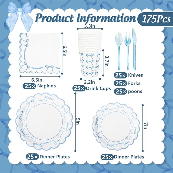JarThenaAMCS 175Pcs Blue Bow Party Supplies Kit Scalloped Bowknot Tableware Set Disposable Dinnerware Paper Napkin Plate Cup Spoon Fork Knife for 25 Guests Party Favor