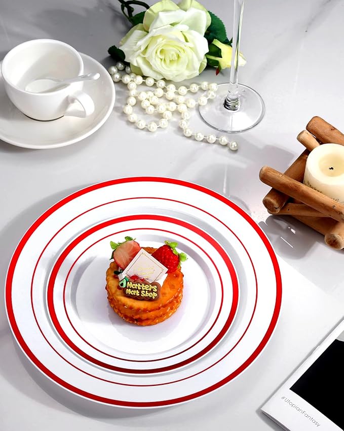 Goodluck 200 Pack Red Rim Plastic Plates - 100 Dinner Plates (10.25") & 100 Dessert Plates (7.5") - Heavy Duty Disposable White Plates with Elegant Red Trim - Premium Dinnerware Set for Wedding