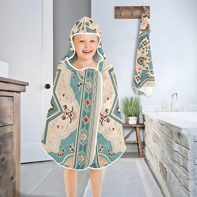 Hooded Towel for Kids Retro Blue Ethnic Floral Beach Wrap Bath Towels 50x23.5in