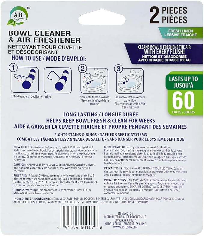 5-in-1 Rim Hanger Toilet Bowl Cleaner Fresh Linen Mint Scent 2 Counts, Long Lasting Toilet Deodorizer and Cleaner for Continuous Freshness and Stain Removal