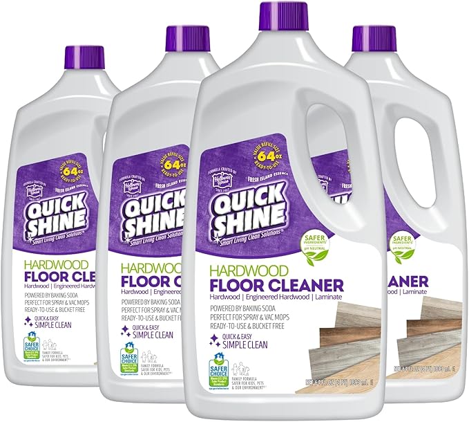 Quick Shine Hardwood Floor Cleaner 64oz, 4Pk| Use in Spray & Vac Mops| Removes Dirt & Scuff Marks| Ready-to-Use, Streak Free, No Rinse| Safer Choice Cleaner| Perfect for Gentle and Effective Cleaning