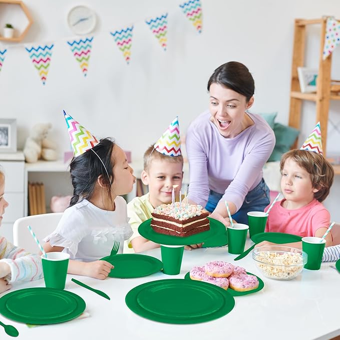 228PCS Green Party Supplies Set Include Paper Plates Cups Paper Napkins Plastic Spoons Forks Knives for 30 Guests Disposable Party Dinnerware for Birthday Wedding Family Picnic