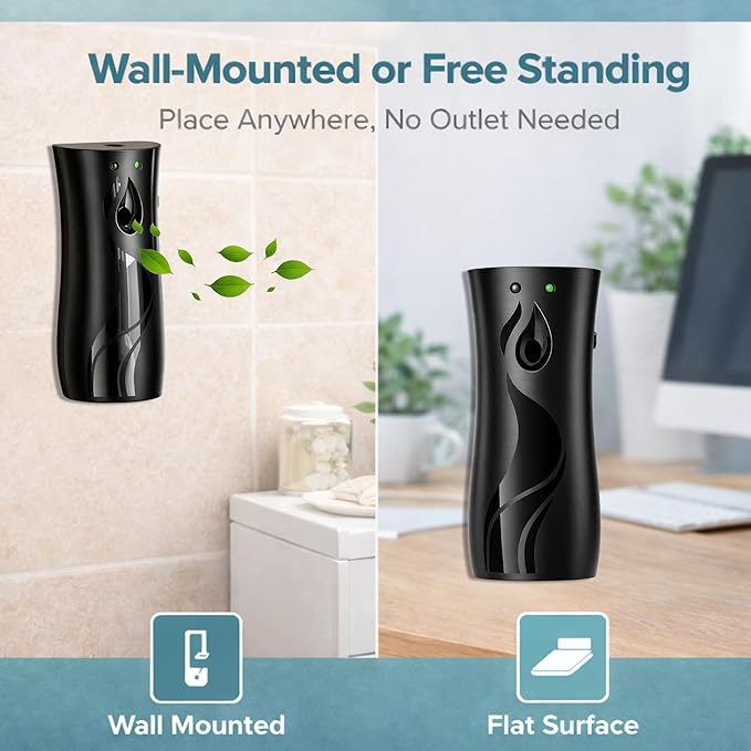 Automatic Air Freshener Dispenser, Wall Mounted or Free Standing Spray Machine, Adjustable Timer, Battery Operated, Compatible with Most Standard Spray Cans for Bathroom, Office & Home (Black)