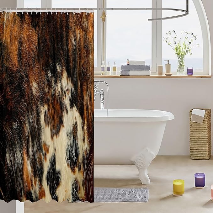 Cowhide Fabric Shower Curtain Black Brown Cow Shower Curtain Kids Boys Girls Women Bull Cattle Skin Decor Bathroom Waterproof Accessories with 12 Hooks Wildlife Fur Hair Farmhouse Animal,72x78 Inches