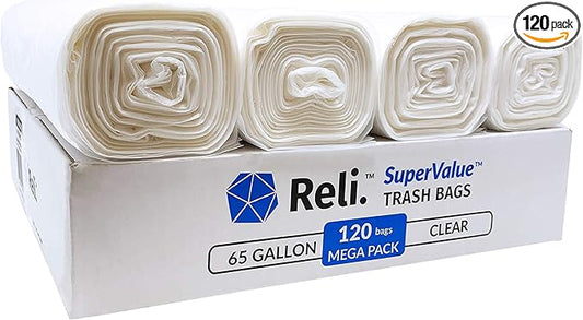 Reli. SuperValue 65 Gallon Trash Bags | 120 Count | Made in USA | Heavy Duty | Bulk | Clear Multi-Use Garbage Bags
