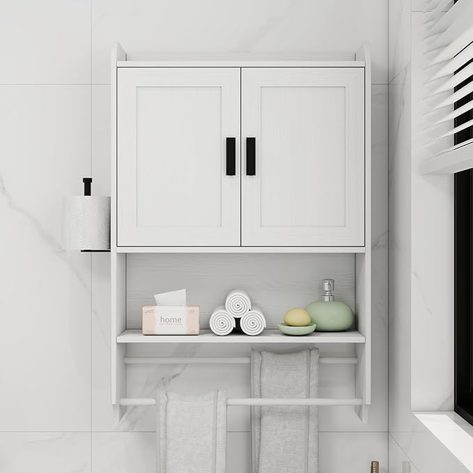 Bathroom Wall Cabinet with Doors, Over The Toilet Storage Cabinet with Adjustable Shelf, Towel Bar and Paper Holder, Medicine Cabinet for Bathroom Kitchen Laundry Room Entryway