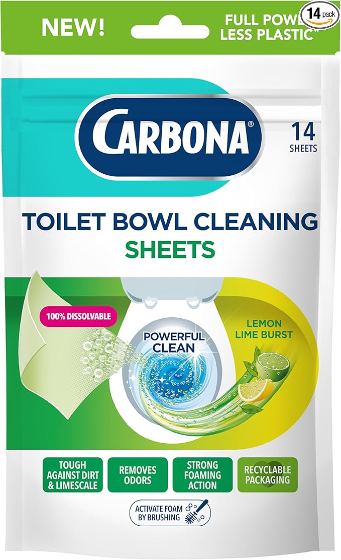 Carbona Toilet Bowl Sheets | Lemon Lime Scent | Powerful Toilet Bowl Cleaner | 14 Sheets | Less Plastic Waste