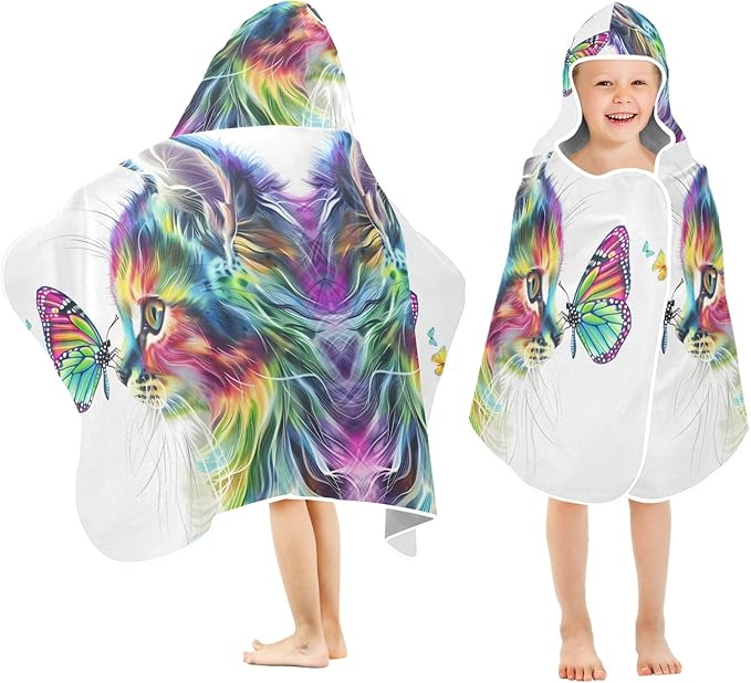 Hooded Towel for Kids Cat of Multiple Colors Staring at Butterfly Beach Wrap Bath Towels 50x23.5in