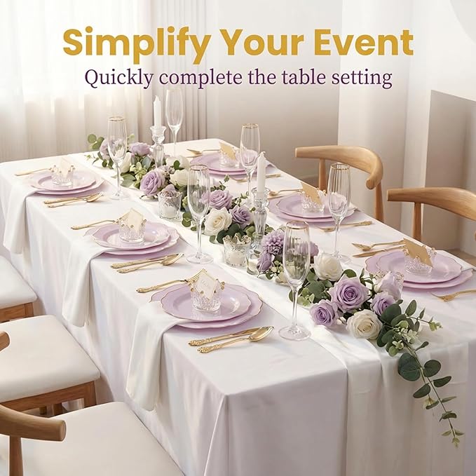 NOCCUR 175PCS Purple Plastic Plates with Gold Disposable Silverware - Include 50 Lavender and Gold Plastic Plates,25 Knives,25 Forks,25 Spoons,25 Cups and 25 Napkins - Mother's Day/Spring Party