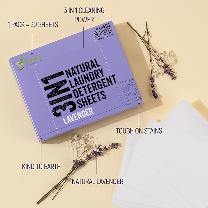 60 Loads Natural Laundry Detergent Sheets - All Natural Biodegradable And Dissolvable Washing Machine Dry Soap Laundry Detergent Strips, Mess Free, Eco Friendly, 30 Sheet Pack (Calm Lavender)