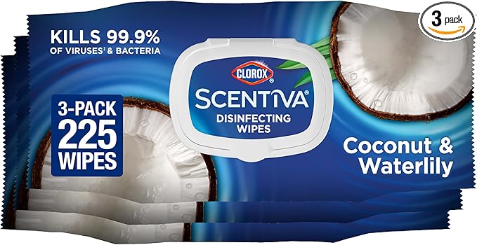Clorox Scentiva Disinfecting Wipes, Coconut and Waterlily, 75 Count, Pack of 3 (Package May Vary)