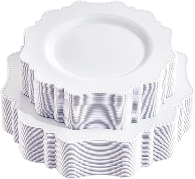 COLOSUS 60PCS White Plastic Plates-Fancy Plastic Beaded Plates,Plastic Premium Hard Plastic Plates for Party, Elegant White plates,Include10.5 Dinner plates & 8.25" Dessert plates for Mother's Day